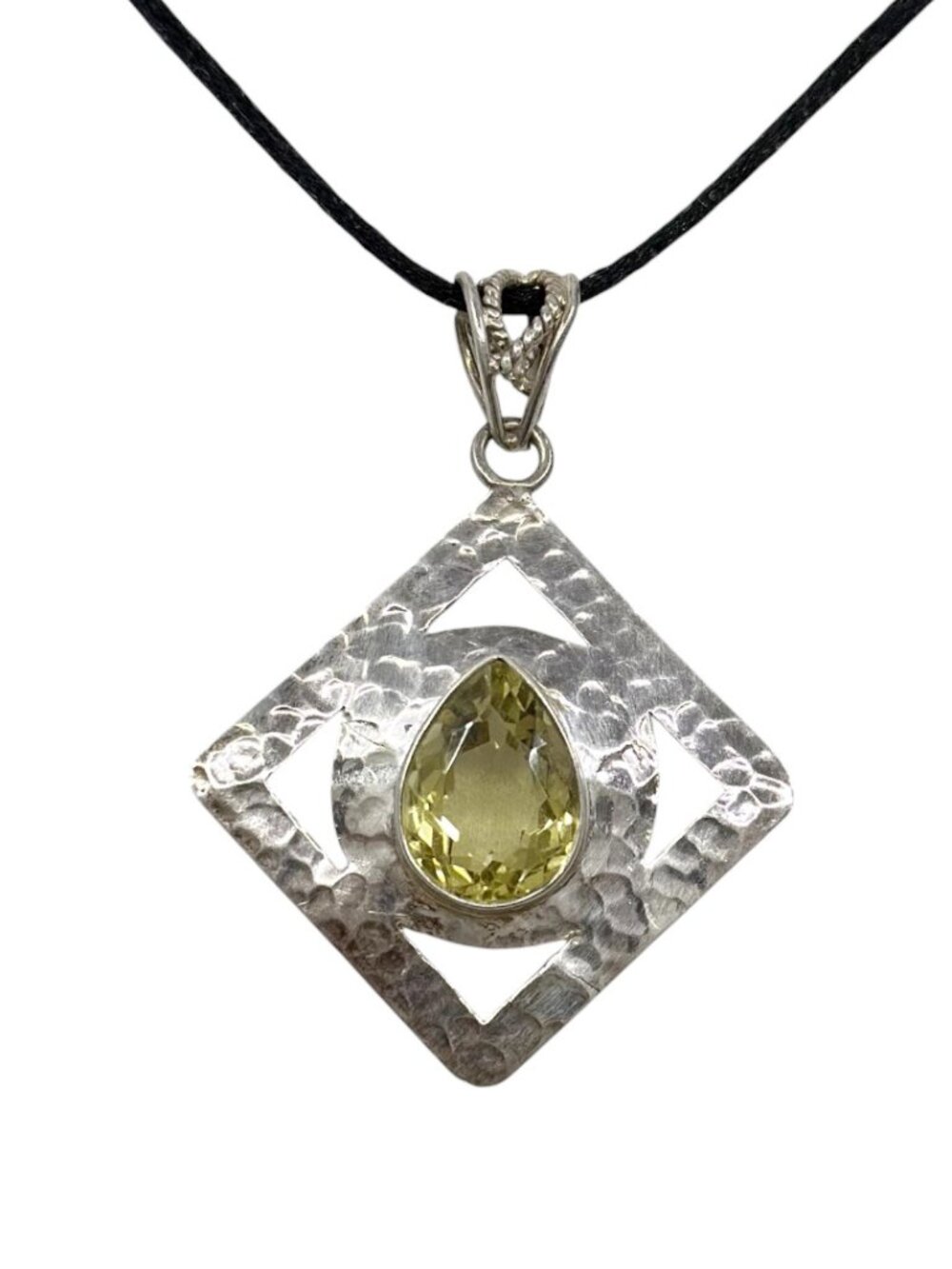 Vintage 925 sterling silver citrine hammered pendant - GM1238
